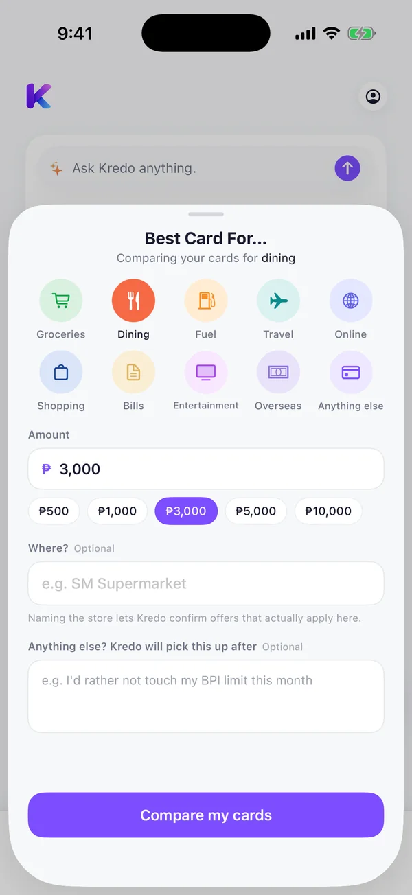 Best Card For: comparing your cards for ₱3,000 of dining