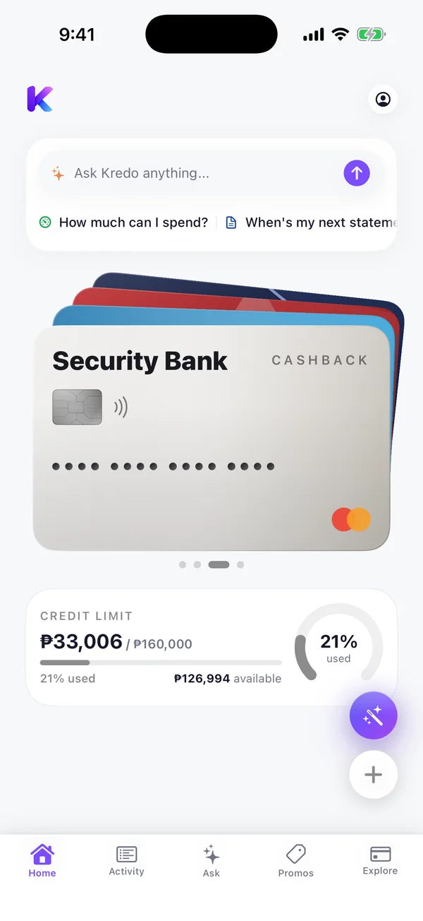 Kredo Home: a wallet of four cards with the credit used on the one in front