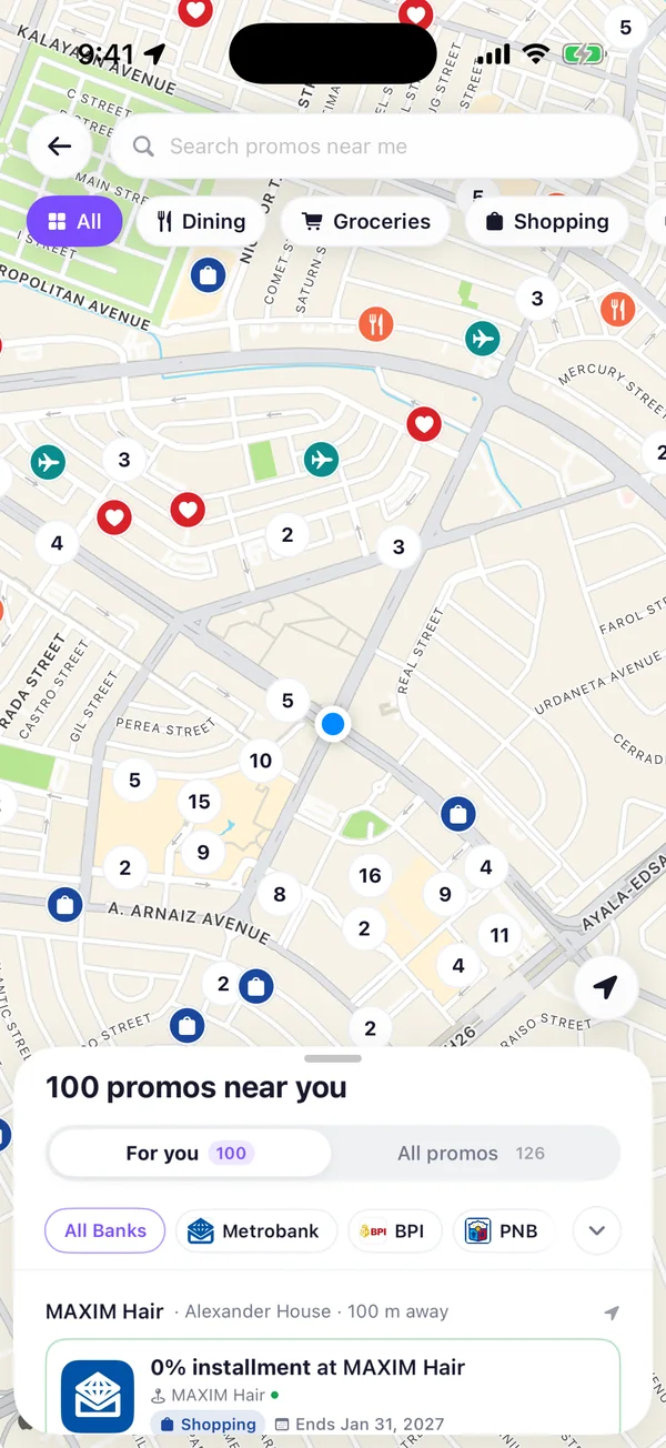 Promos Near Me: a map of Makati with promo pins and 100 promos near you