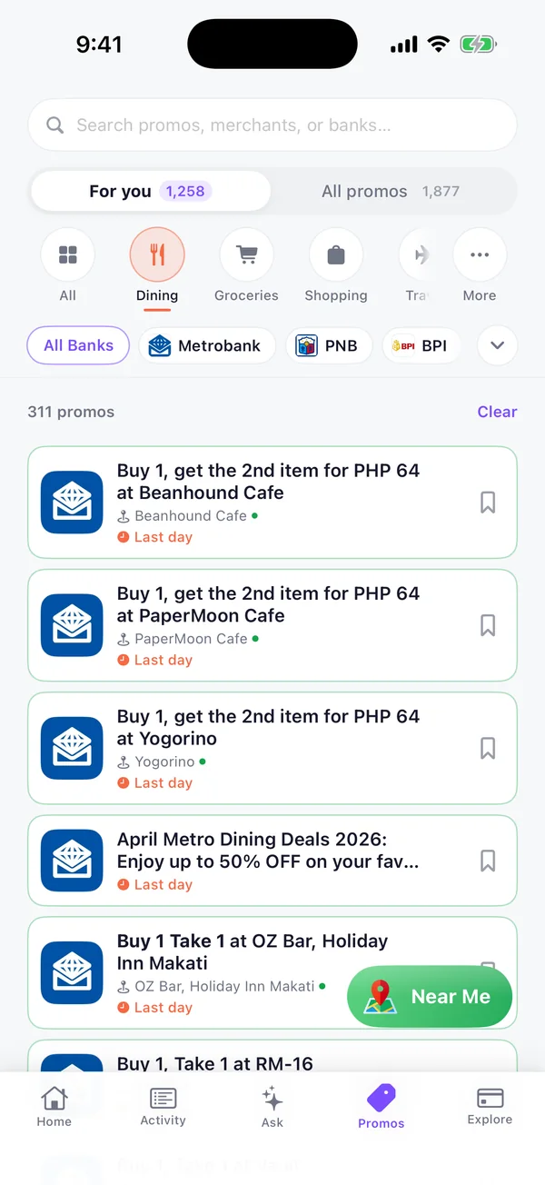 Promos filtered to dining offers for your cards