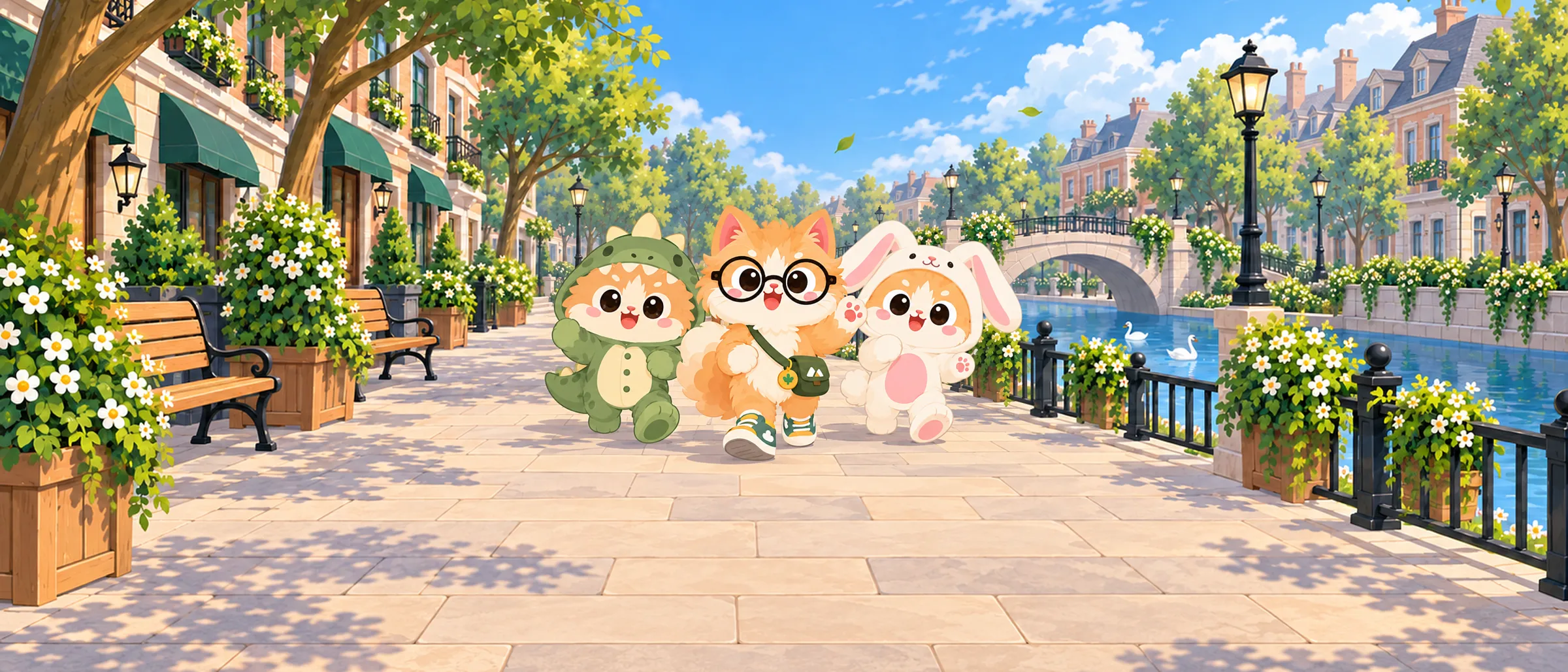 Gohan the cat walks down a sunny canal street with friends in a dino onesie and a bunny onesie