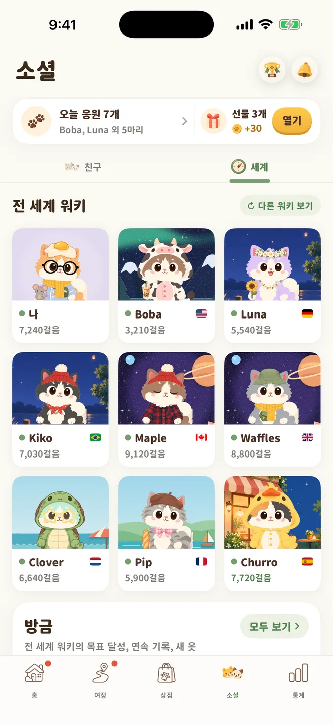 소셜 탭: 각자의 배경 위에 선 전 세계 워키와 걸음 수, 국기