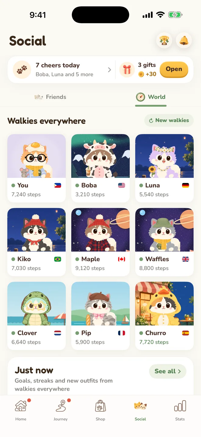 The Social tab: a grid of walkies from around the world, each on its own backdrop, with their steps and flags