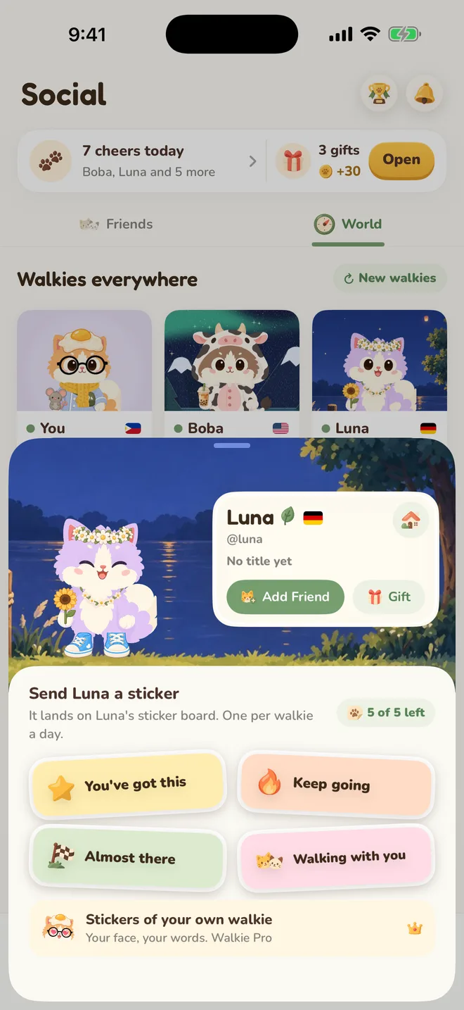 A walkie's sheet: Luna by the lake at night, with stickers to send her