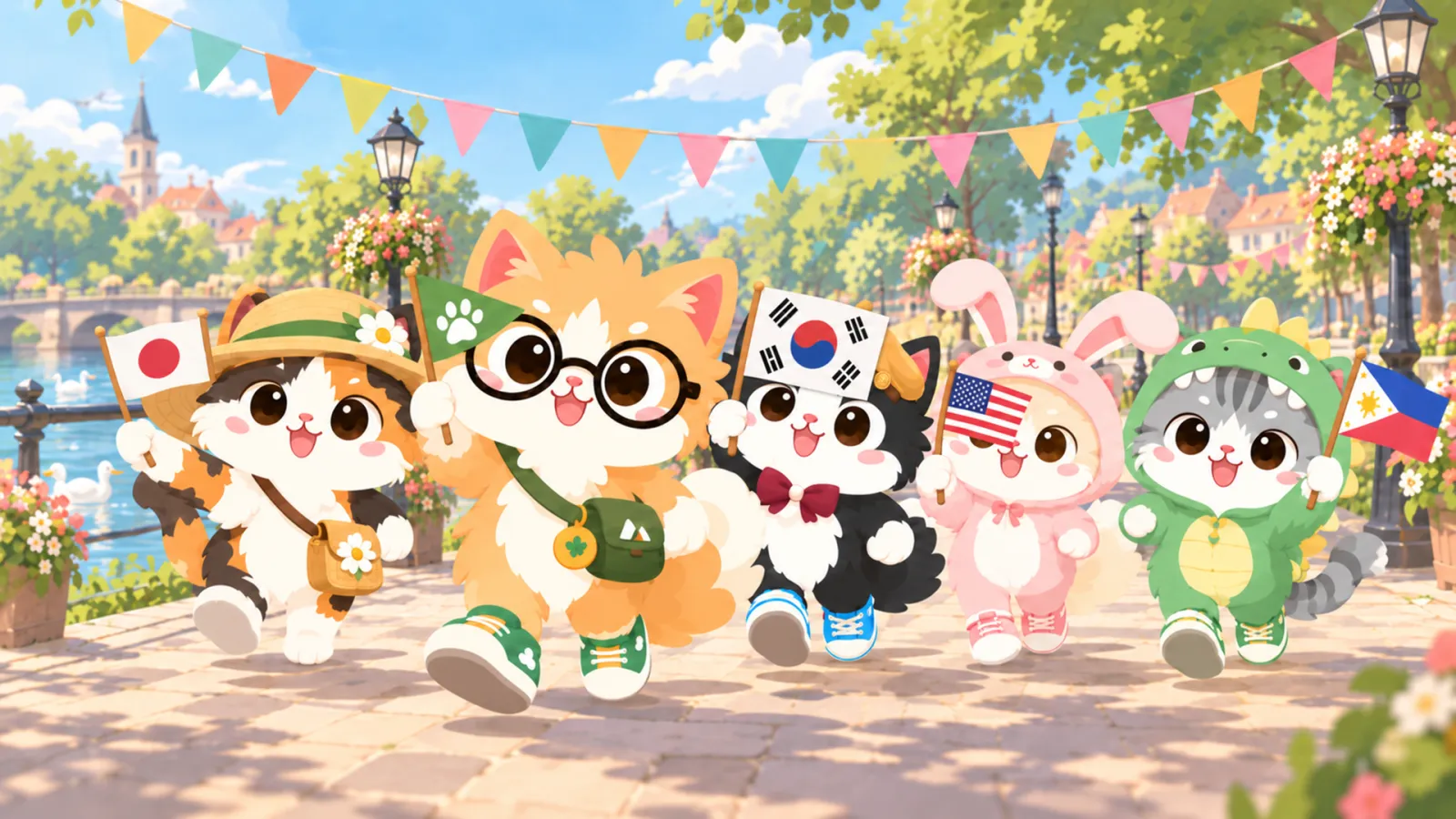 Five walkies parade along the river waving the flags of Japan, Korea, the United States and the Philippines